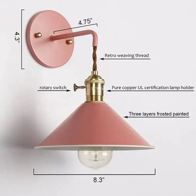 Pink retro wall light with brass-finished copper holder and twisted cord from DecorBites led iron art collection