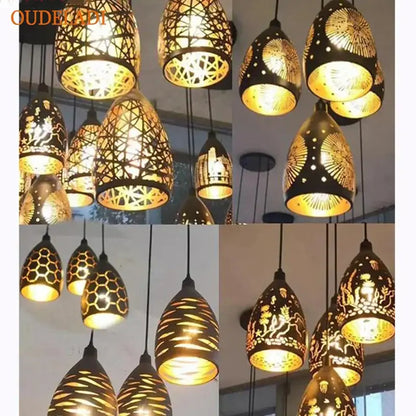 Black and gold ornate decorbites led iron cage pendant light with intricate cut-out patterns for living room and restaurant
