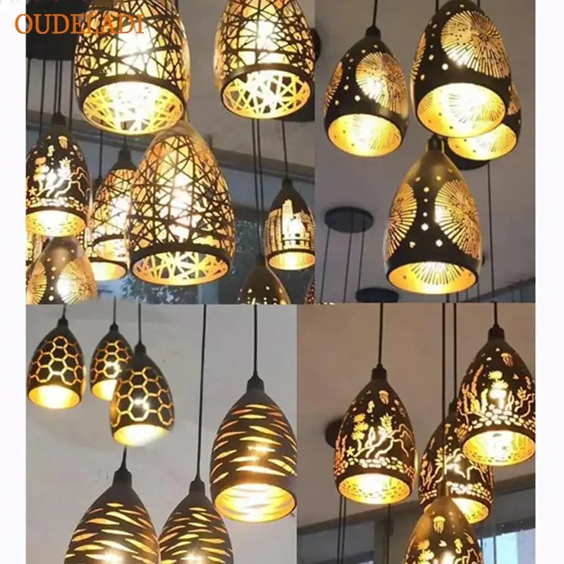 Black and gold ornate decorbites led iron cage pendant light with intricate cut-out patterns for living room and restaurant
