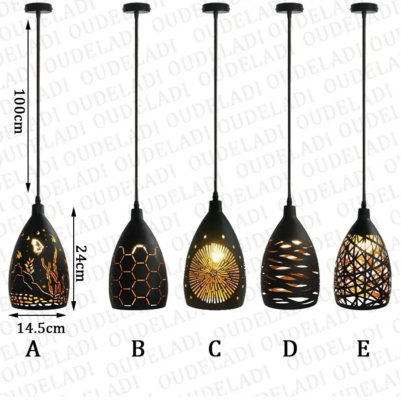 Five black decorbites led iron cage pendant lights with unique cut-out designs illuminated by warm golden light