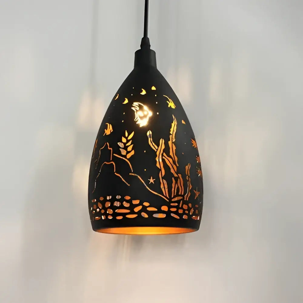 Decorbites led iron cage pendant light in black ceramic with gold oceanic and celestial designs for living room and restaurant