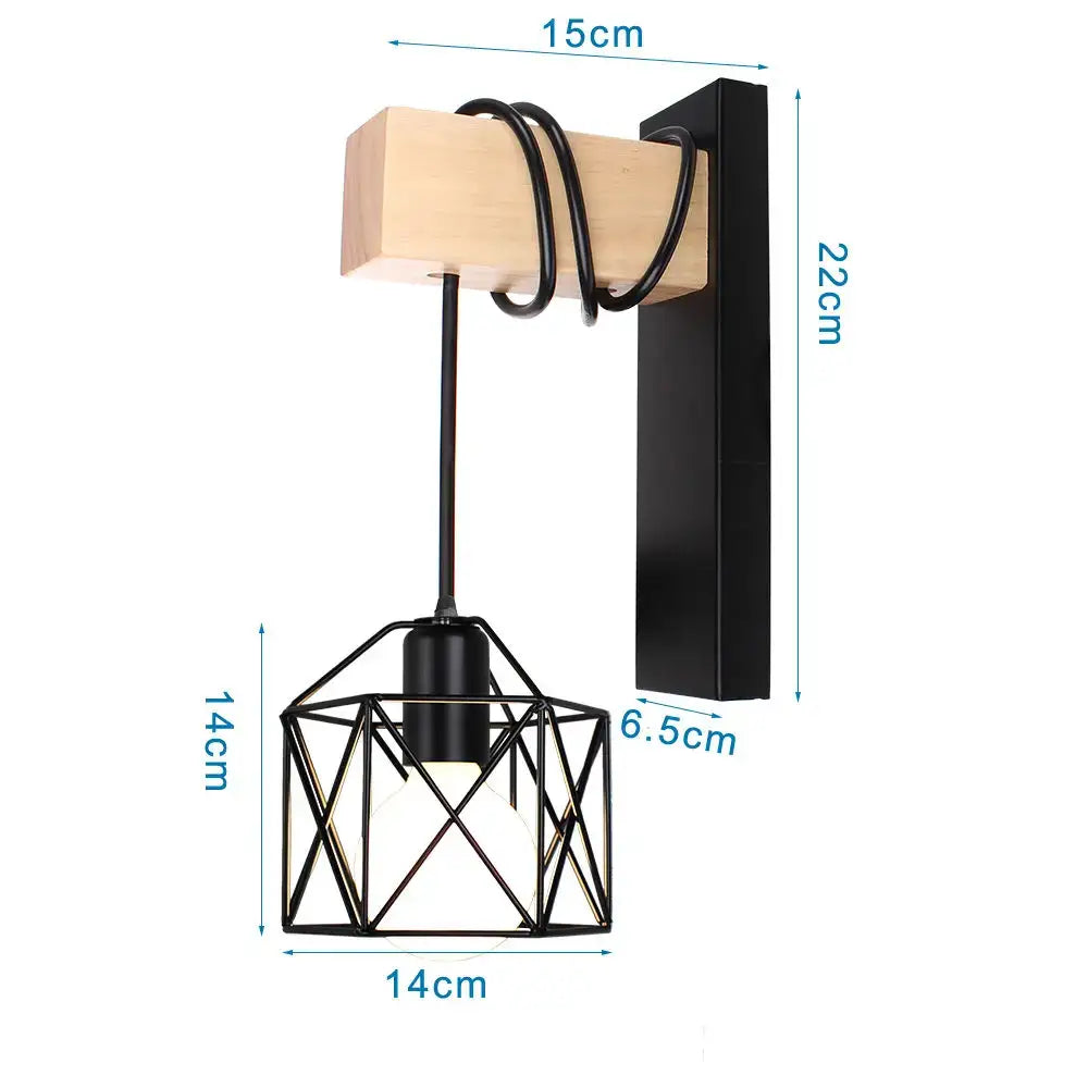 Black metal geometric decorbites led iron cage wall light with wooden mounting block and coiled cord for home decor