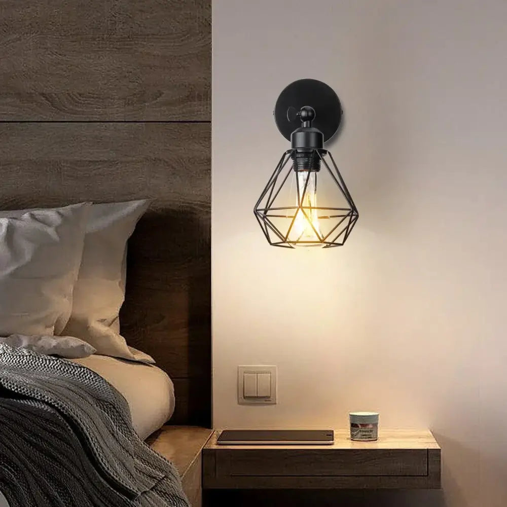 Black metal decorbites led iron cage wall light with geometric design and exposed bulb for home bedroom kitchen decor