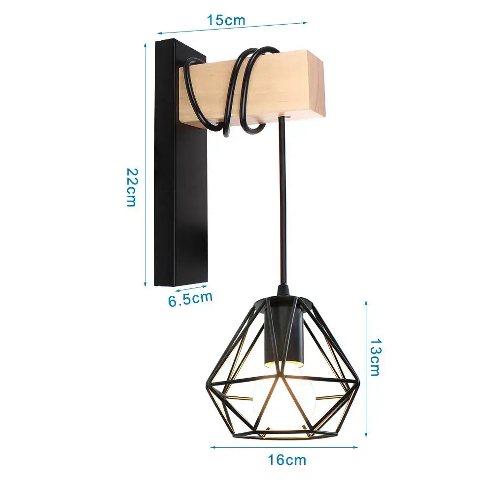 Black metal geometric led iron cage wall light with wooden mounting block for home bedroom decor by decorbites led iron