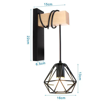 Black metal geometric led iron cage wall light with wooden mounting block for home bedroom decor by decorbites led iron