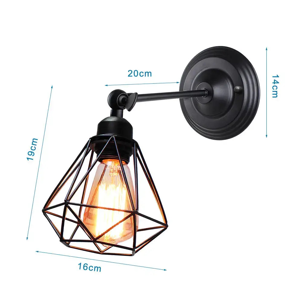 Black wrought iron wall light with geometric cage design and exposed filament bulb by DecorBites led iron cage