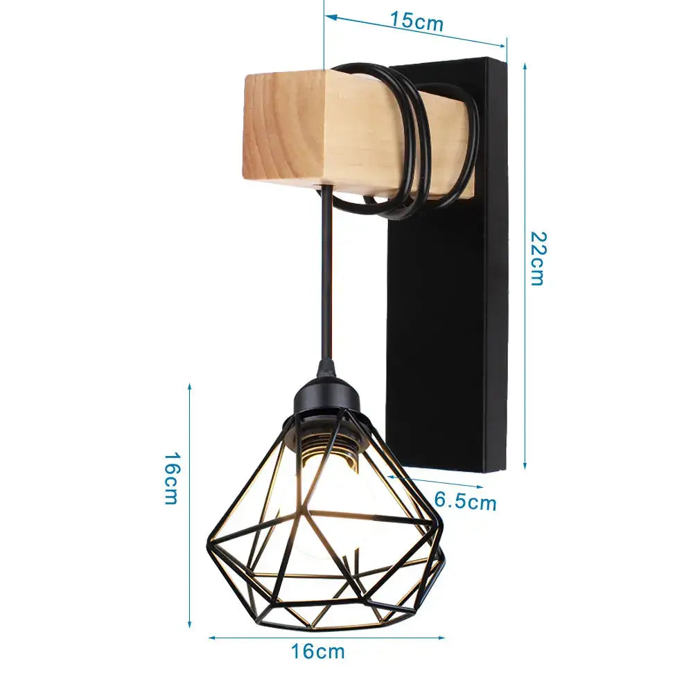 Black metal geometric decorbites led iron cage wall light with wooden accent and exposed bulb for home decor
