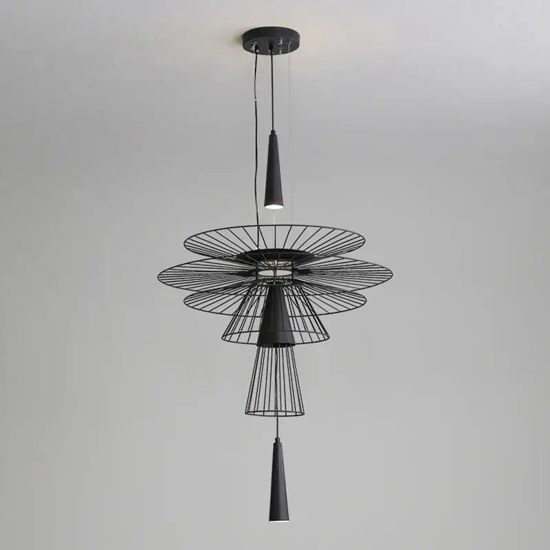 Black metal decorbites led iron pendant chandelier with tiered petal frames and conical lights for dining room