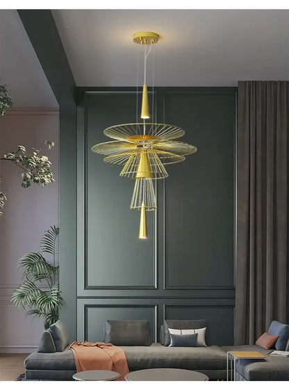 Golden wireframe decorbites led iron pendant chandelier with layered petal rings and cone-shaped elements for dining room