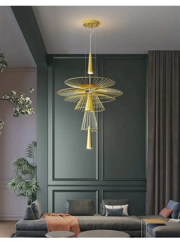 Golden wireframe decorbites led iron pendant chandelier with layered petal rings and cone-shaped elements for dining room