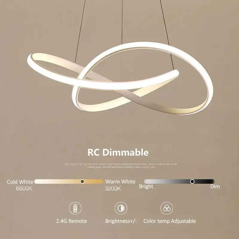 Modern white DecorBites LED irregular aluminum acrylic chandelier with two interlocking rings for dining room lighting