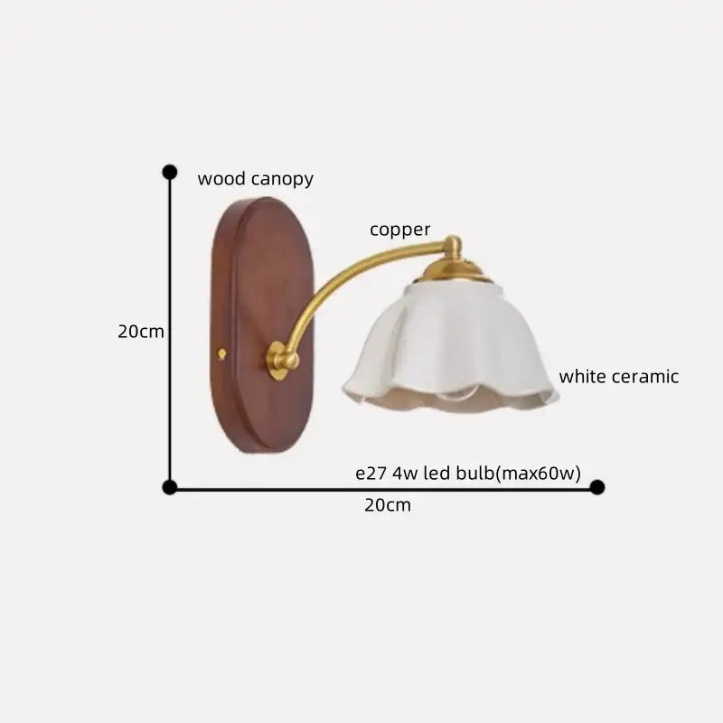 A rustic decorbites led japanese style wall light with dark wood canopy copper arm and white ceramic shade for bedroom
