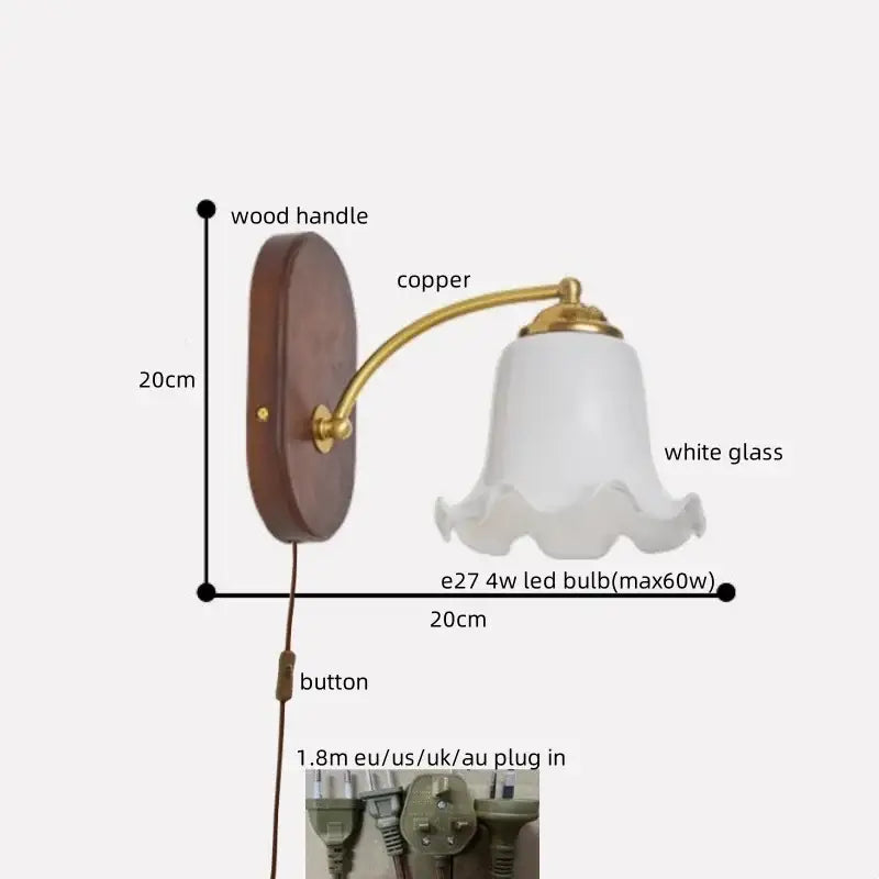 DecorBites™ LED Japanese style wall lights with dark wood handle copper arm and white ruffled glass shade for bedside use