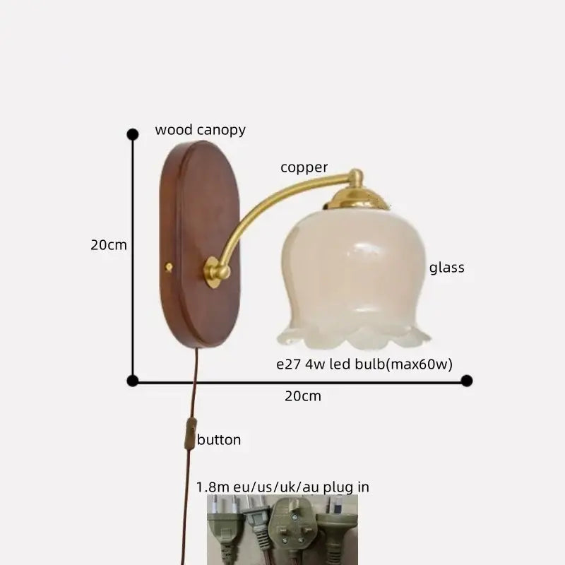 Vintage-style decorbites led japanese wall lights with wooden canopy copper arm and frosted glass shade for bedroom