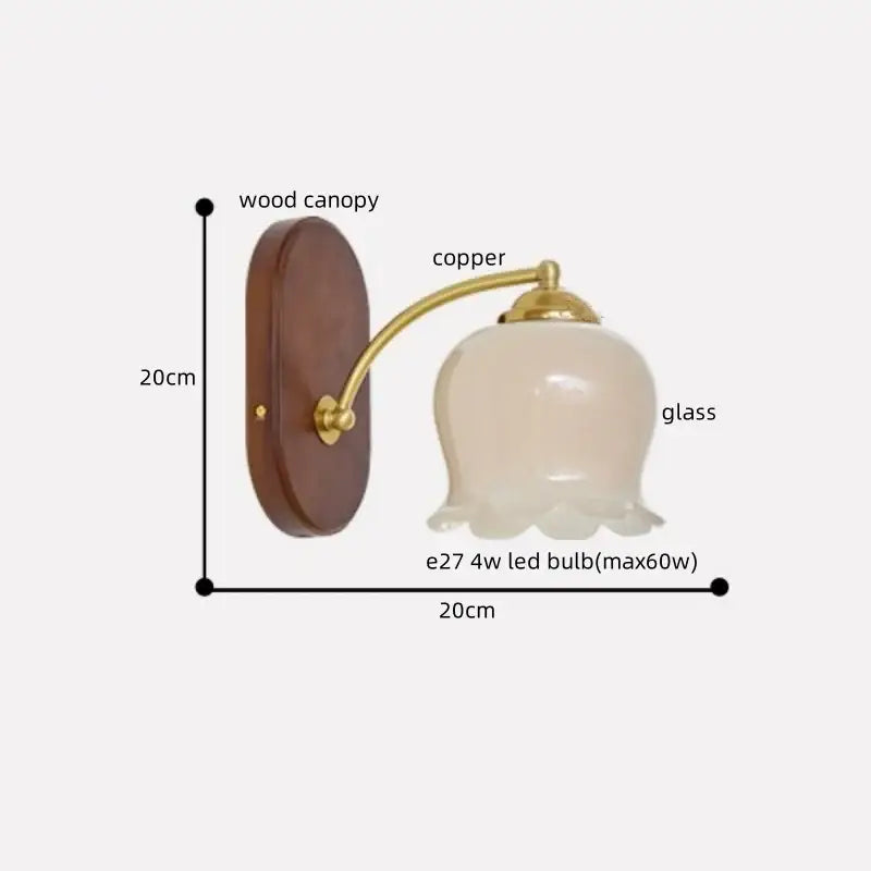 Vintage-style decorbites led japanese wall lights with warm brass copper arm and off-white glass shade on wood canopy