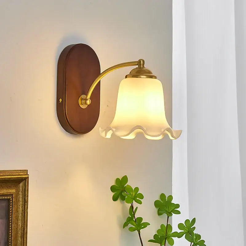 Warm-toned brass and wood decorbites led japanese wall lights with frosted glass scalloped shade for bedroom use