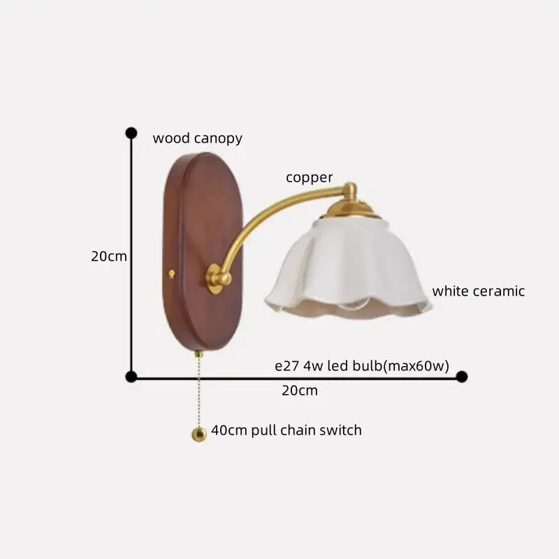 Decorbites led japanese style wall lights with brown wood canopy copper arm and white ceramic shade for bedroom lighting