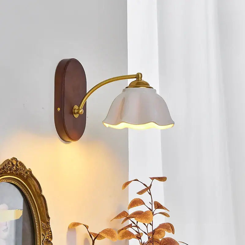 DecorBites led japanese style wall lights with warm brass arm and off-white scalloped ceramic shade for bedroom decor