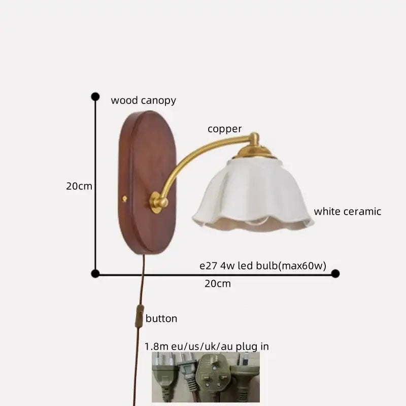 Vintage-style decorbites led japanese wall light with copper arm wood canopy and white ceramic lampshade for bedroom