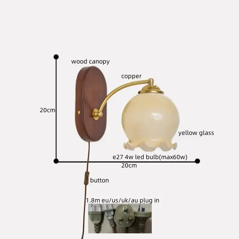 Decorbites led japanese style wall lights with dark wood canopy copper arm and frosted yellow glass shade for bedroom use