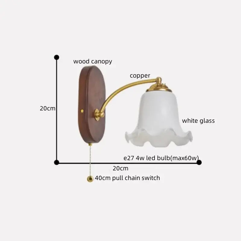 Vintage-style decorbites led japanese wall lights with dark wood canopy copper arm and white glass shade for bedroom