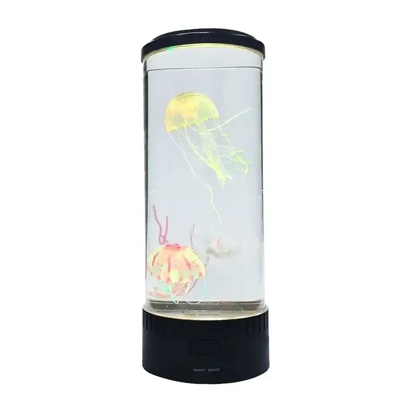 A decorbites led jellyfish cylindrical glass lamp with black base and lid featuring illuminated color changing figurines