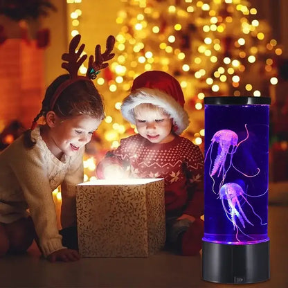 Purple glowing jellyfish float in a cylindrical glass led jellyfish lamp with black base by decorbites led for relaxing mood