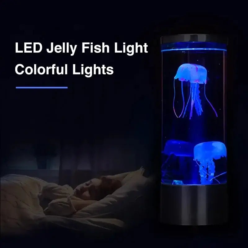 Decorbites led jellyfish lamp with clear glass cylindrical body and blue purple glowing jellyfish for relaxing mood