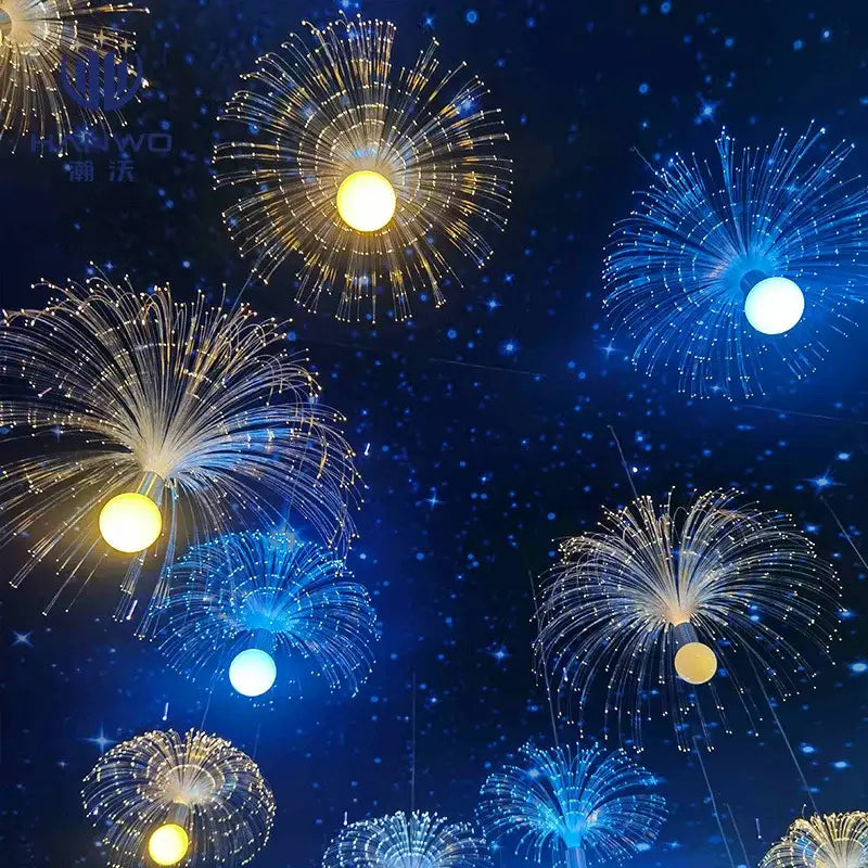 Golden and blue fiber optic decorbites led jellyfish lights with glowing spherical centers for party and event decor