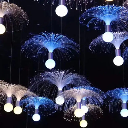 Decorbites led jellyfish lights featuring blue and white fiber optic chandeliers with glowing spherical bulbs for events