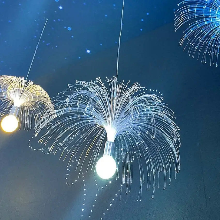 DecorBites™ LED jellyfish lights fiber optic chandelier in blue and white with glowing bulb for party event decor