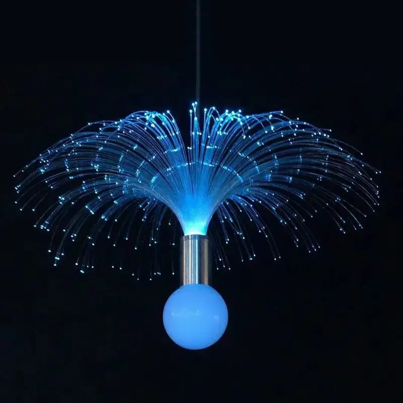 Blue fiber optic decorbites led jellyfish chandelier with metallic base and glowing spherical accent for party decor