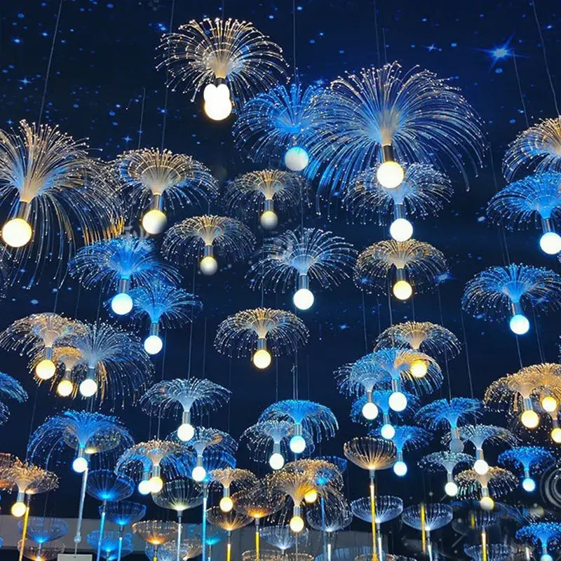 Blue and gold fiber optic decorbites led jellyfish lights with glowing spherical bulbs for party event decor