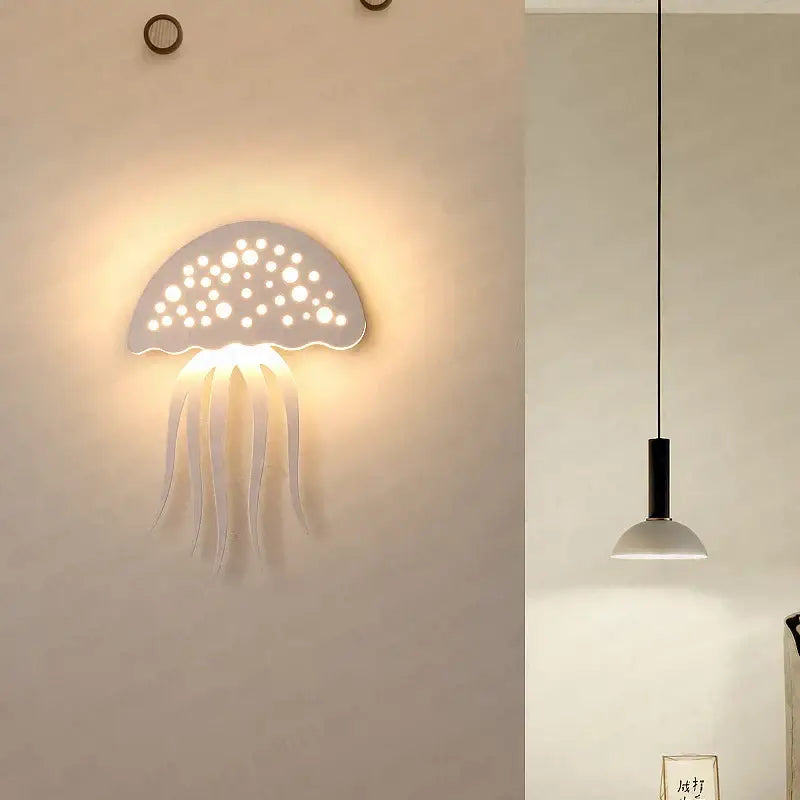 White decorbites led jellyfish wall lamp with perforated dome and flowing tentacles for modern indoor decor