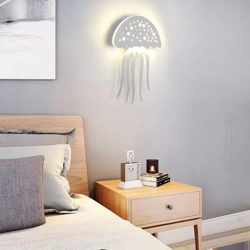 White decorbites led jellyfish wall lamp with perforated dome and translucent tentacles for modern indoor decor