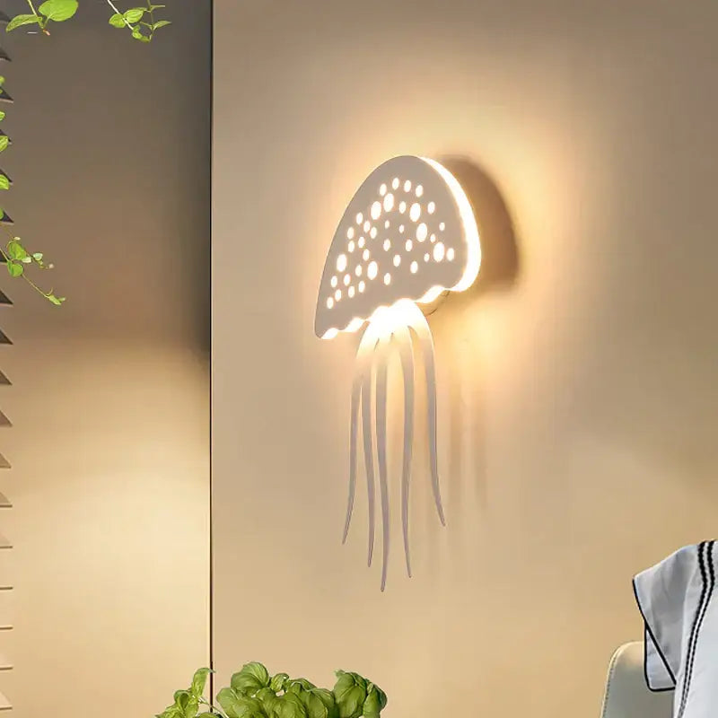 White jellyfish-shaped decorbites led jellyfish wall lamp with perforated dome and warm ambient light for indoor decor