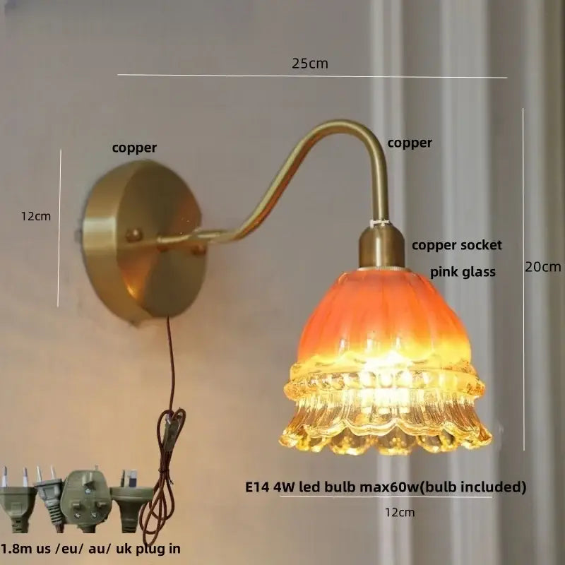 Vintage-style decorbites led jellyfish wall lamp with copper arm and pink glass shade featuring a pull chain switch