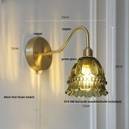 Antique brass copper wall lamp with green glass petal lampshade decorbites led jellyfish wall lamp with pull chain switch