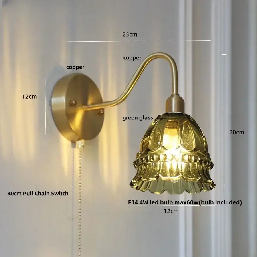 Antique brass copper wall lamp with green glass petal lampshade decorbites led jellyfish wall lamp with pull chain switch