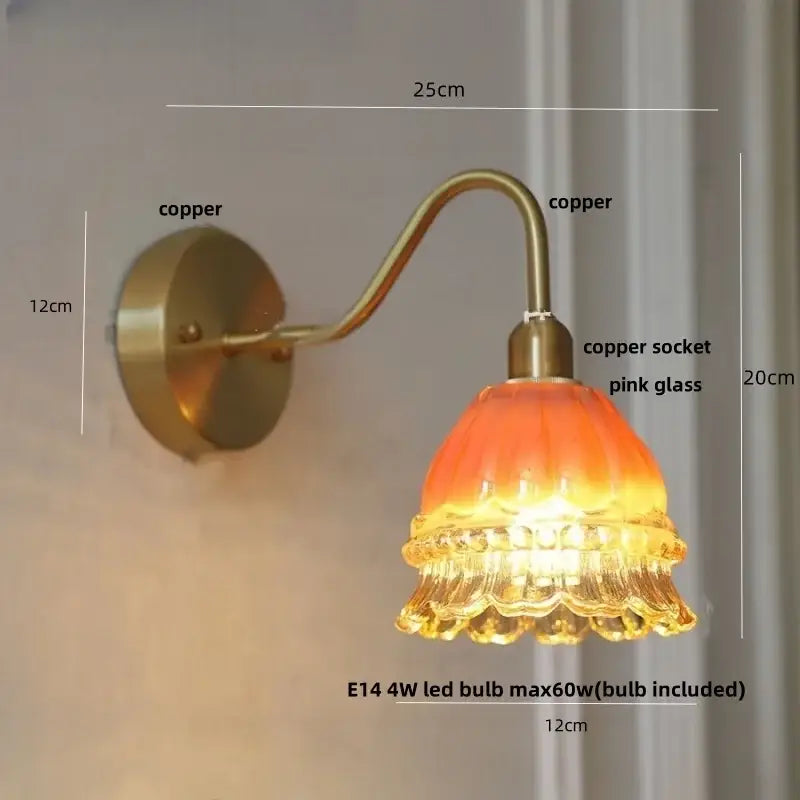 DecorBites™ led jellyfish wall lamp with copper metal arm and ornate pink scalloped glass shade with pull chain switch