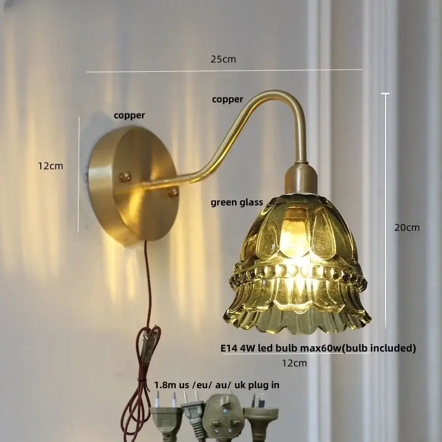 Vintage-style decorbites led jellyfish wall lamp with copper arm and ornate green glass shade with pull chain switch