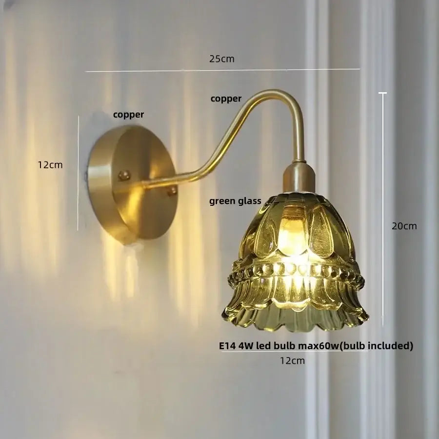 Vintage-style DecorBites LED Jellyfish wall lamp with copper arm and ruffled green glass shade with pull chain switch