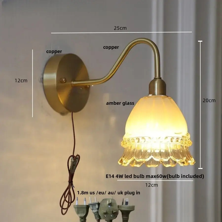 Copper decorbites led jellyfish wall lamp with amber fluted glass shade and pull chain switch for modern nordic decor