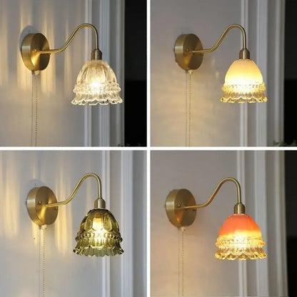 Brass wall lamp decorbites led jellyfish with textured fluted glass shade in clear amber tones and pull chain switch