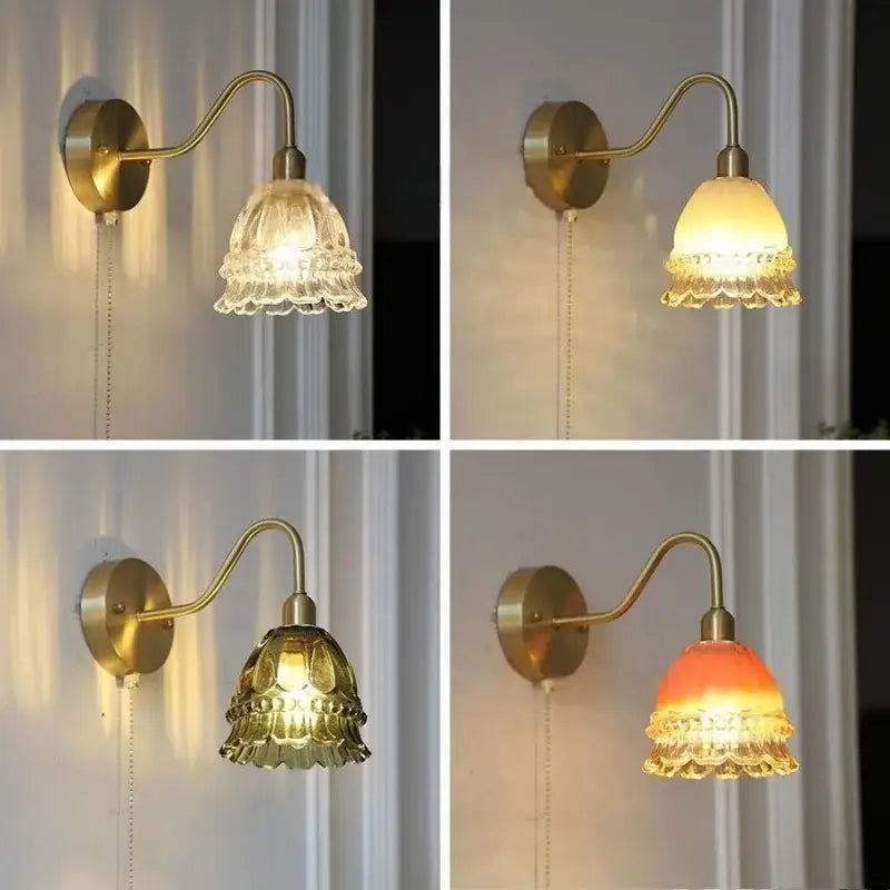 Brass wall lamp decorbites led jellyfish with textured fluted glass shade in clear amber tones and pull chain switch