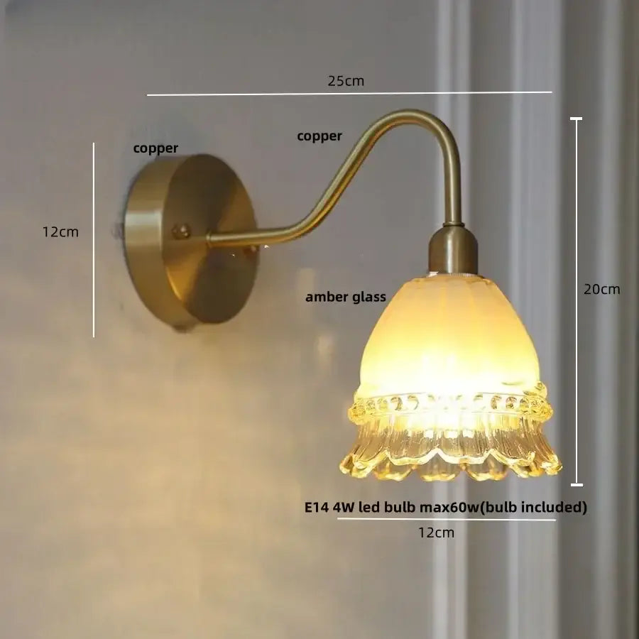Copper wall lamp decorbites led jellyfish with amber fluted glass shade and pull chain switch in modern Nordic design