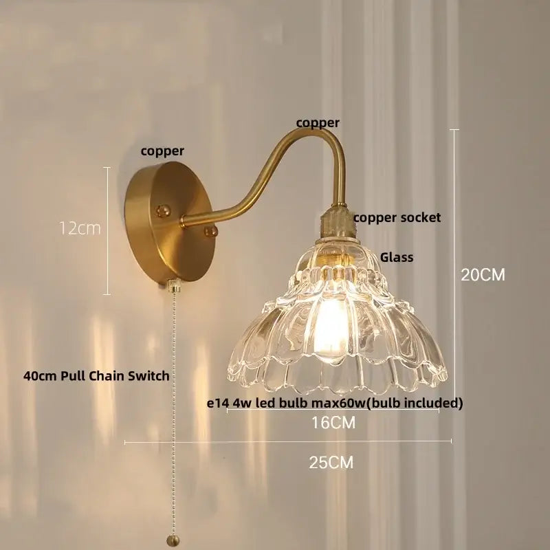 Antique brass finish decorbites led jellyfish wall lamp with delicate fluted glass shade and pull chain switch