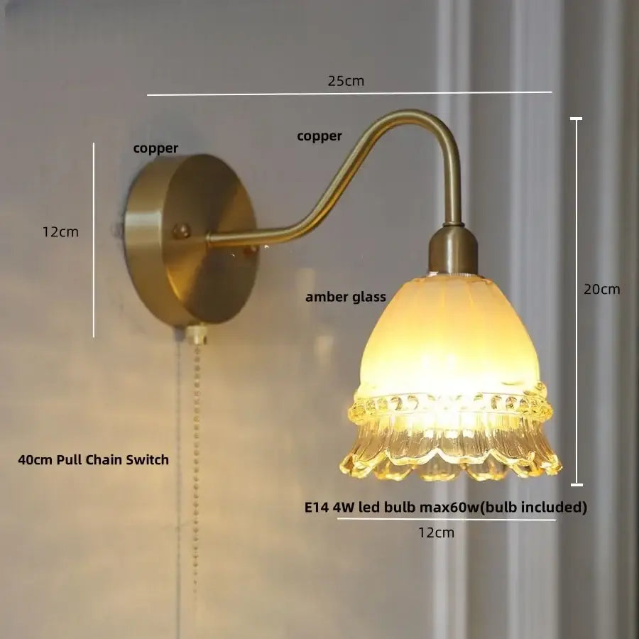 Vintage-style copper wall lamp with amber ruffled glass shade featuring a pull chain switch, decorbites led jellyfish wall design
