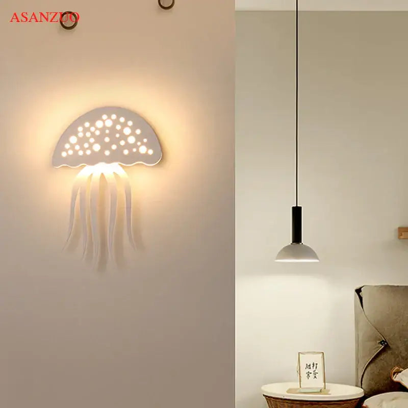 Decorbites led jellyfish wall sconce white jellyfish-shaped lamp with perforated dome and warm glowing tentacles