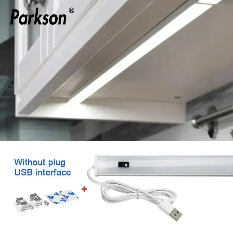 White parkson usb-powered decorbites led kitchen cabinet light with slim profile and mounting hardware for under-cabinet use